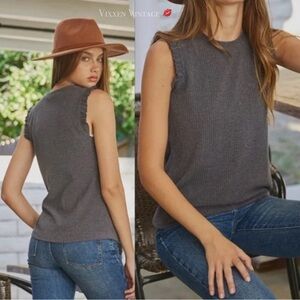 CES FEMME SLEEVELESS RIBBED RUFFLE TOP IN NAVY